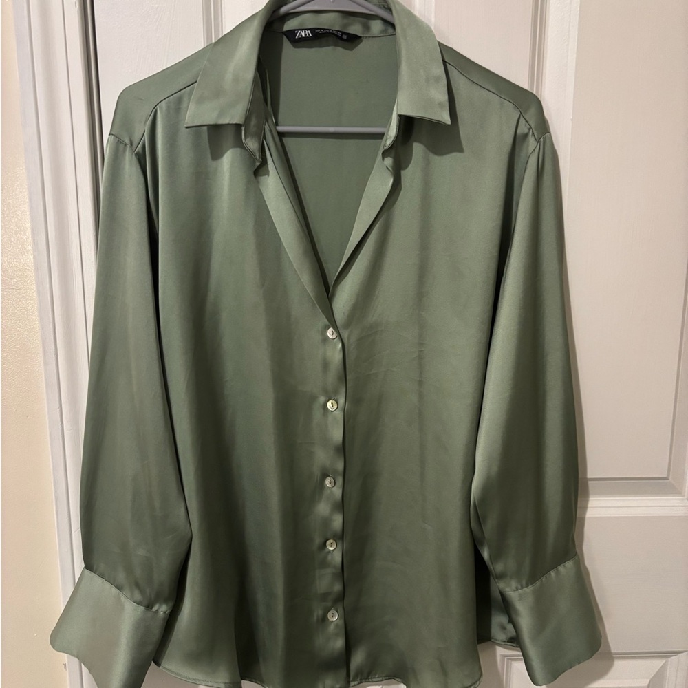 Zara Olive Satin Blouse Shirt